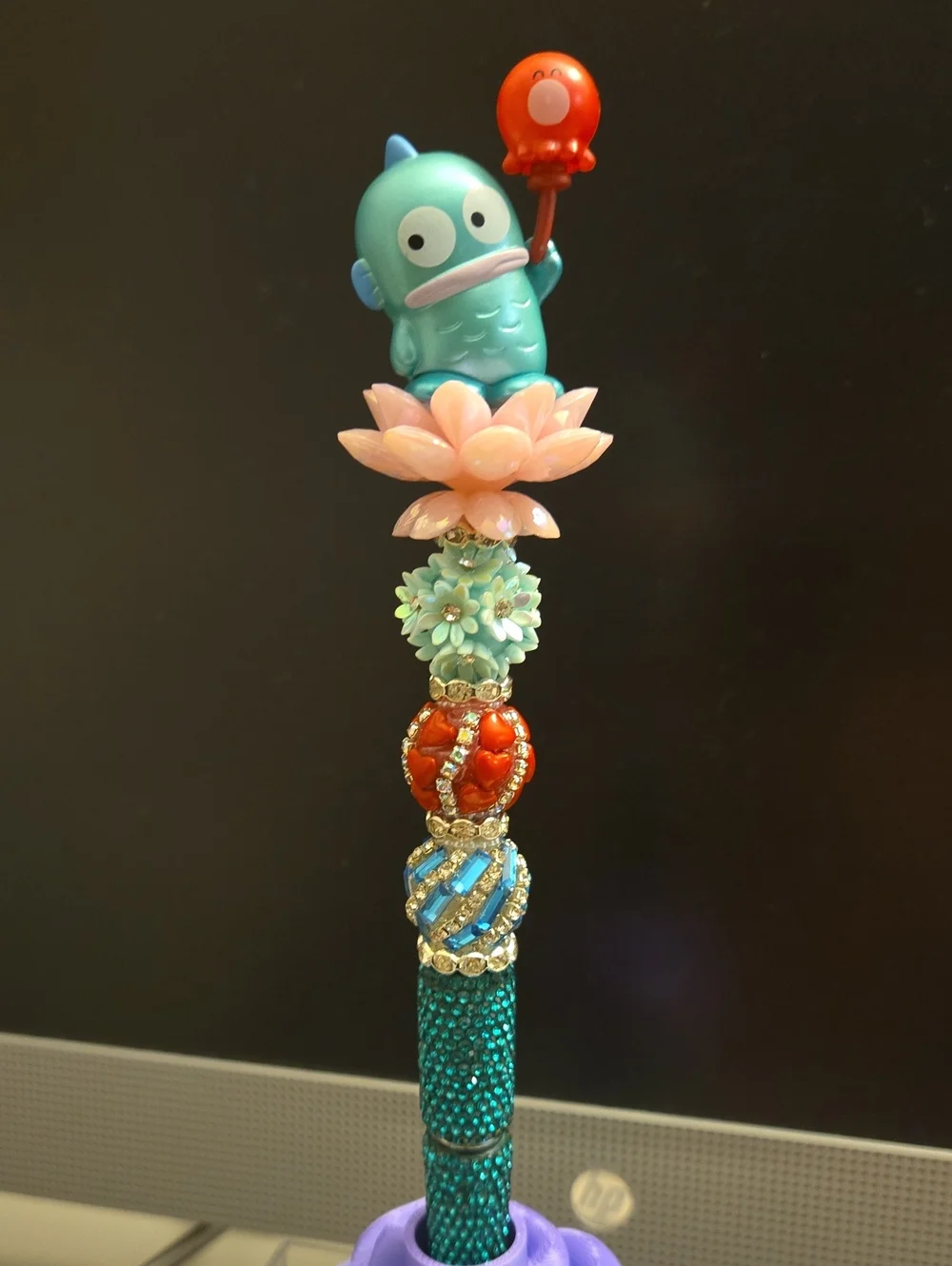 Hand Crafted Hangyodon Teal Fish Charm Pen with Pink Flower and Orange Balloon